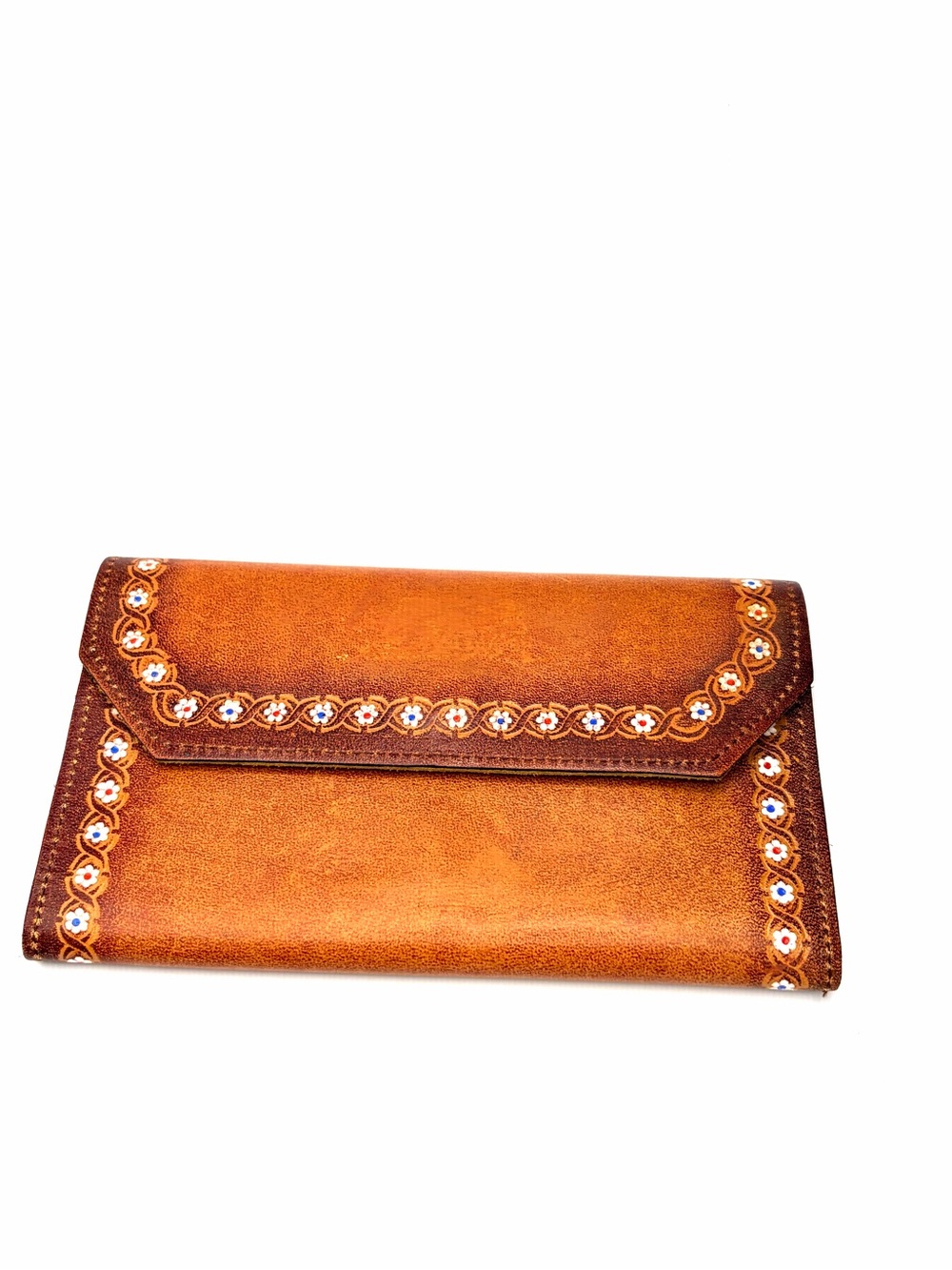 Vintage Hand-tooled Tan Leather Envelope Wallet, Flower Border, Suede Interior